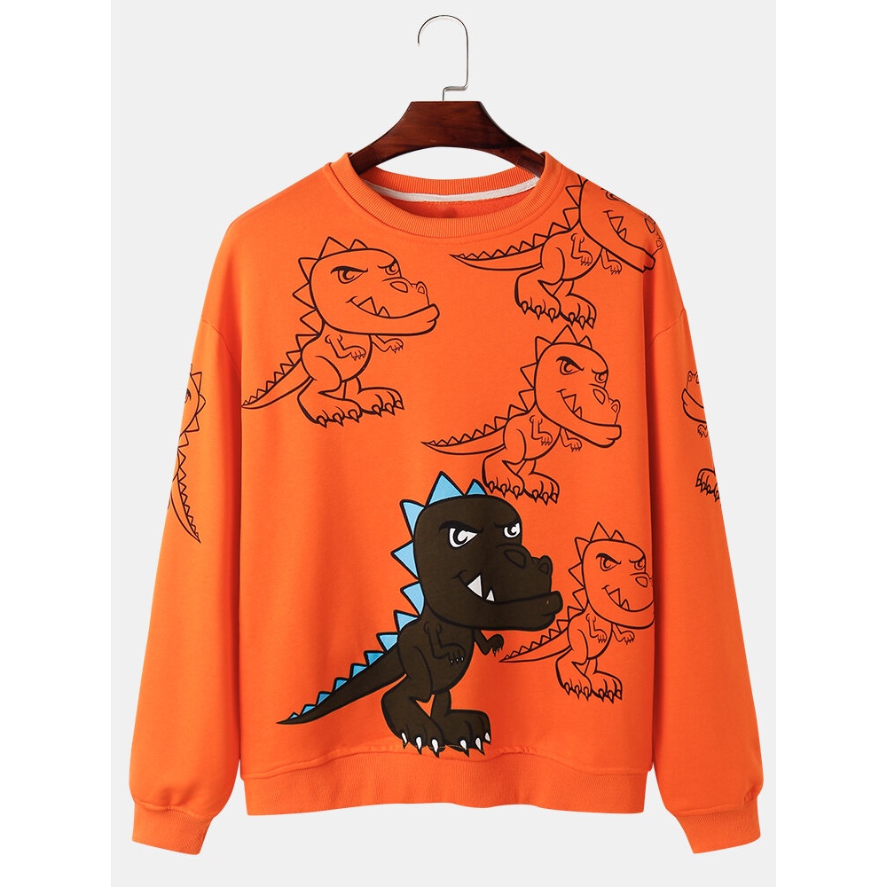 Mens Graffiti Dinosaur Print Pullover Drop Shoulder Street Sweatshirts - Green XL