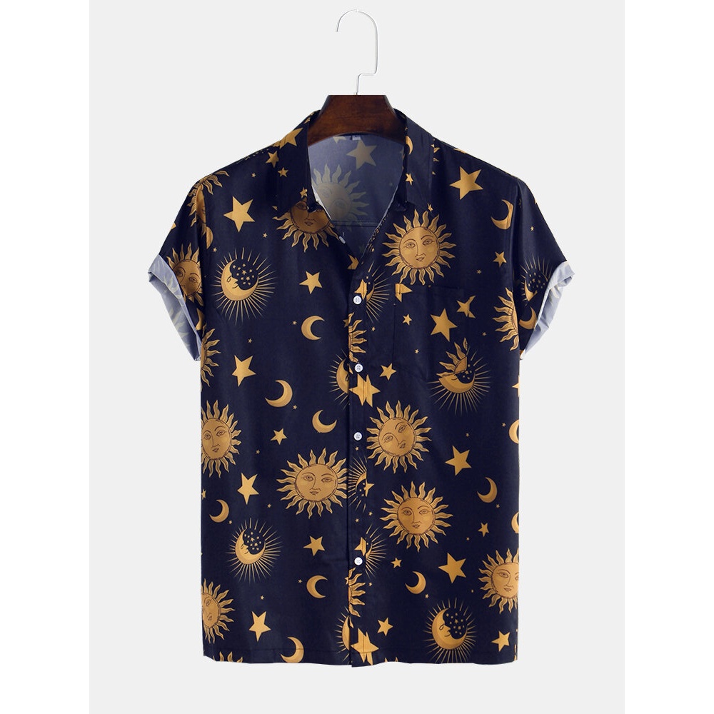 Men Sun Moon Print Short Sleeve Relaxed Shirts - Black XS