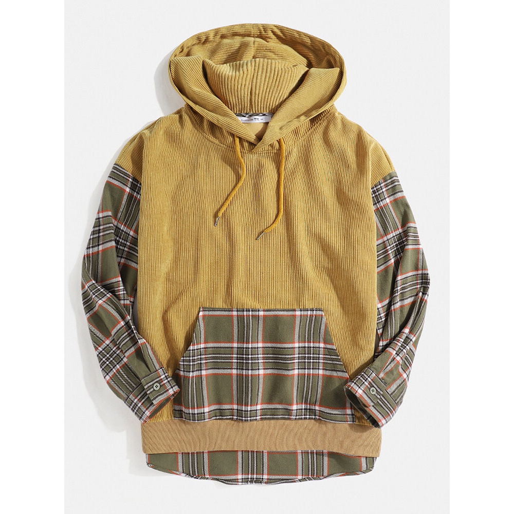 Mens Corduroy Patchwork Plaid Kangaroo Pocket High-low Hem Hoodies - S Yellow