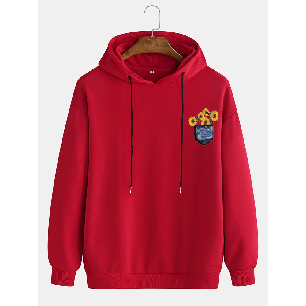 Mens Sunflower Pattern Solid Color Casual Loose Drawstring Hoodie - White S