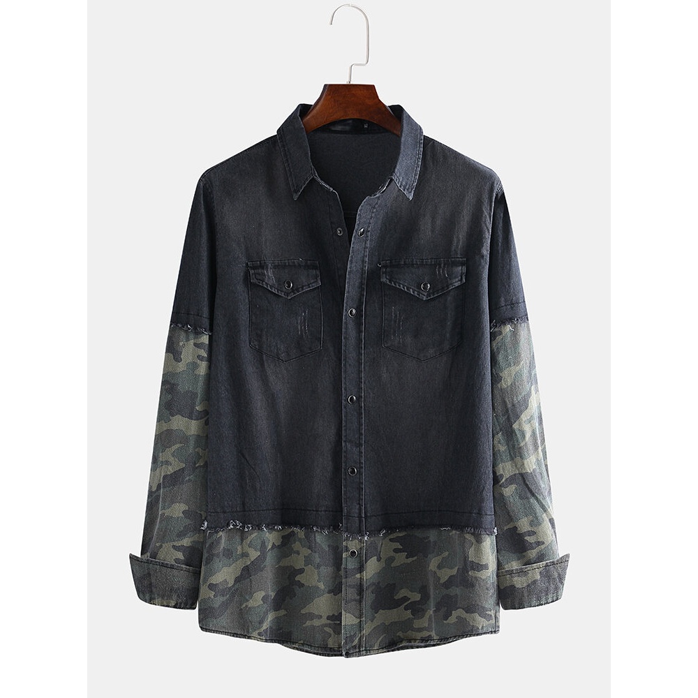 Men's Long-sleeved Camouflage Stitching Personality Trend Double Pocket Denim Shirts - S Black