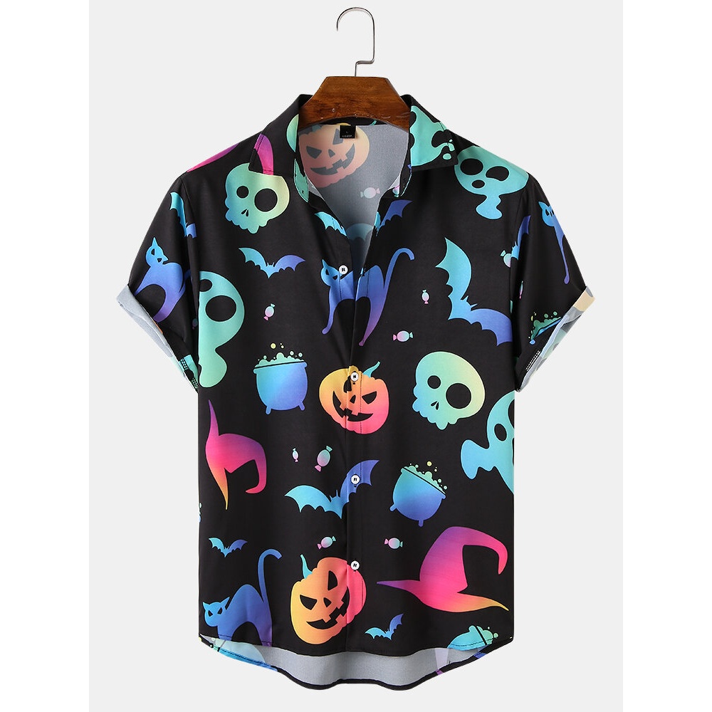 Funny Luminous Pumpkin Skull Print  Relaxed Fit Short Sleeve Shirts - Black S