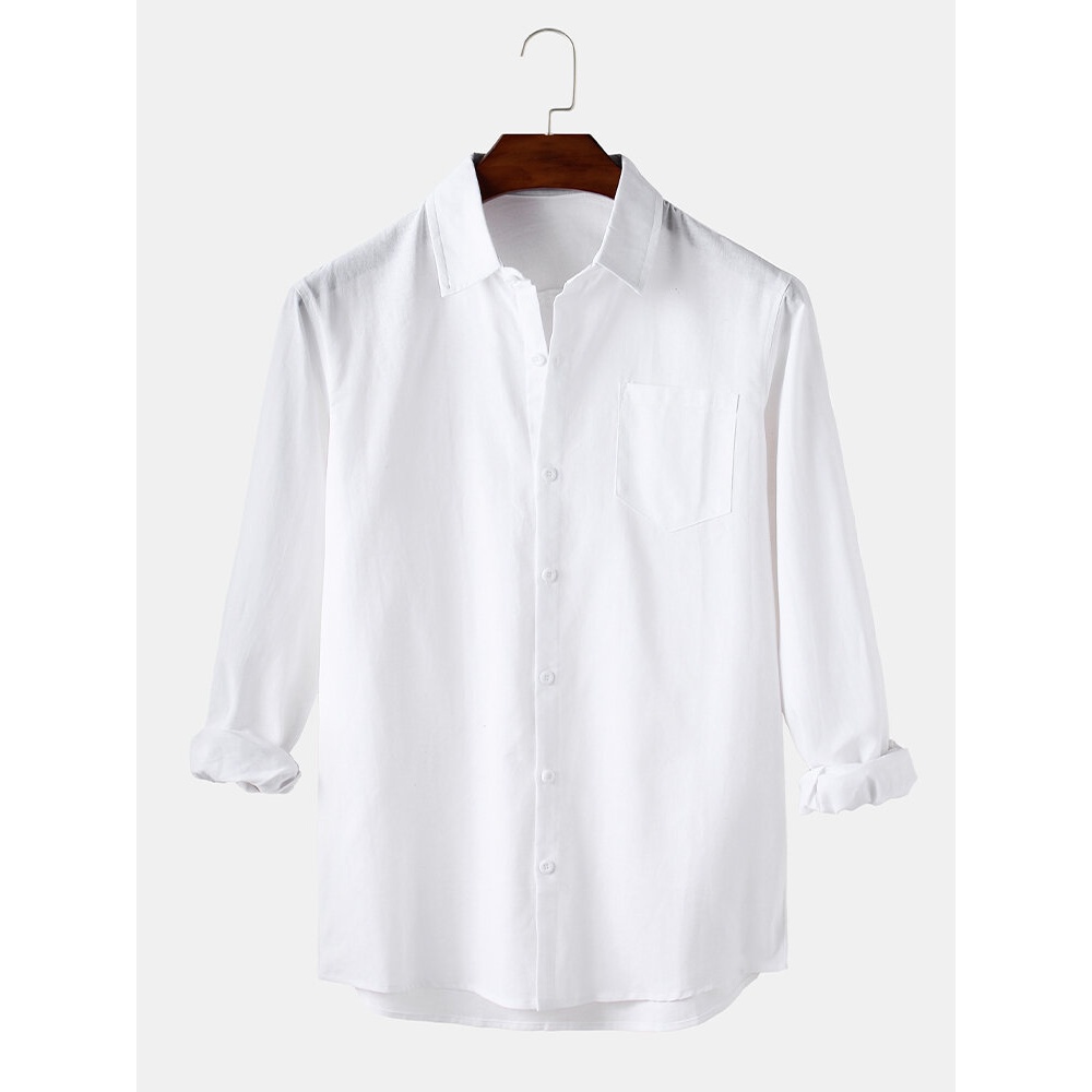 Mens Solid Color Cotton Business Casual Long Sleeve Shirts With Pocket - White S