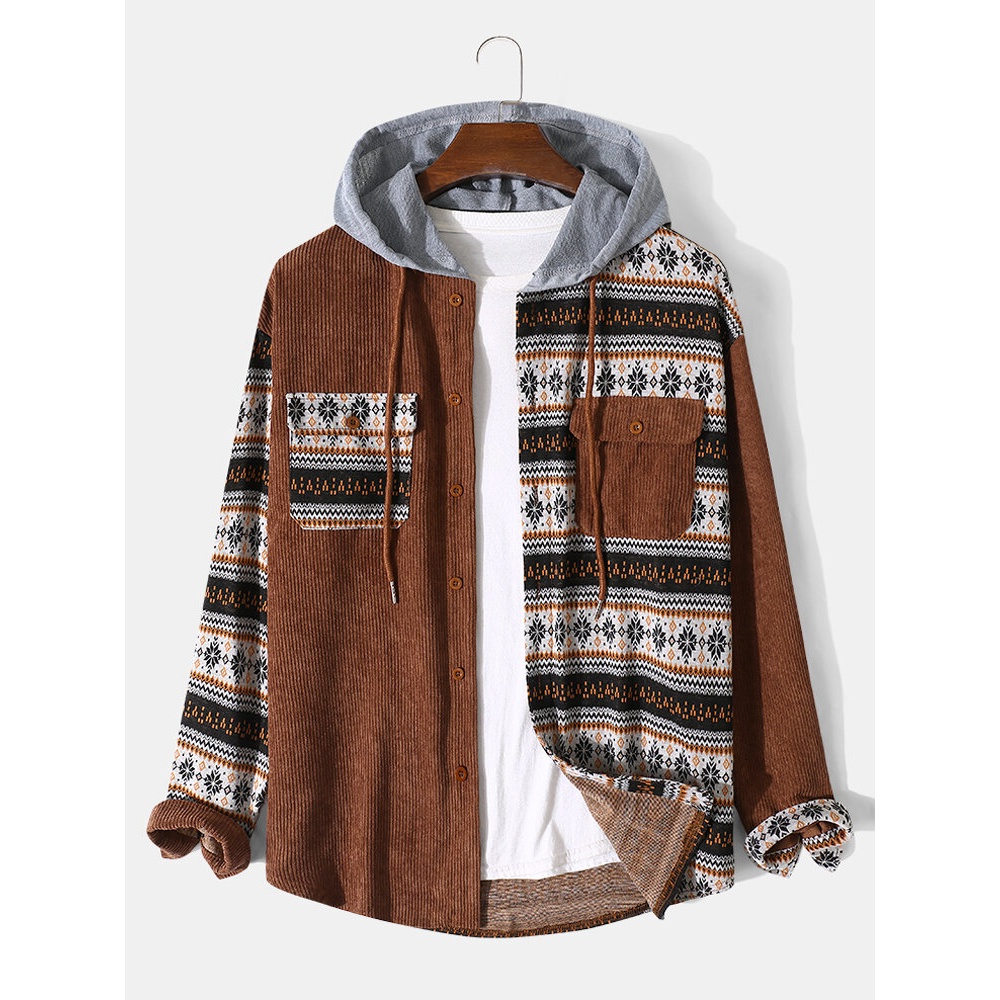 Men Ethnic Pattern Asymmetric Spliced Drawstring Hooded Casual Shirts - Brown S