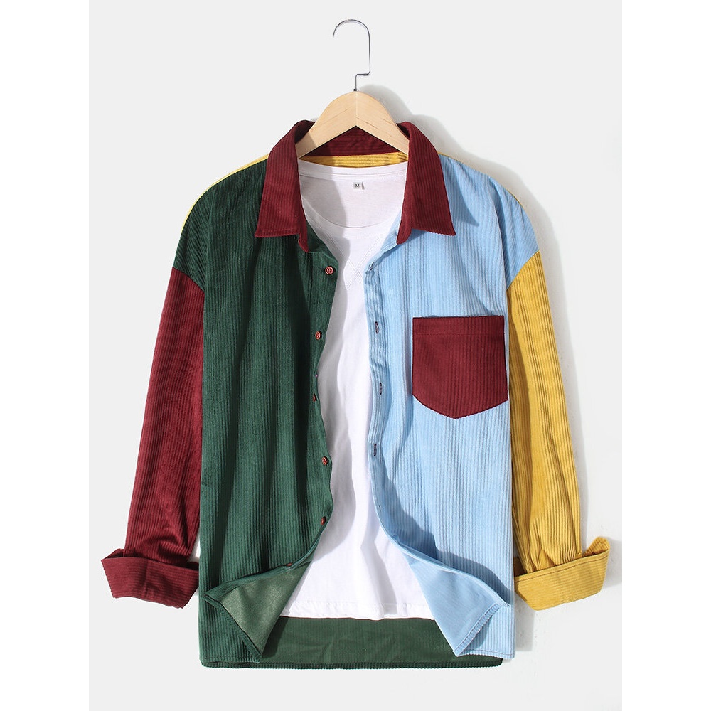 Mens Corduroy Colorful Patchwork Button Up Long Sleeve Casual Shirts - Green S