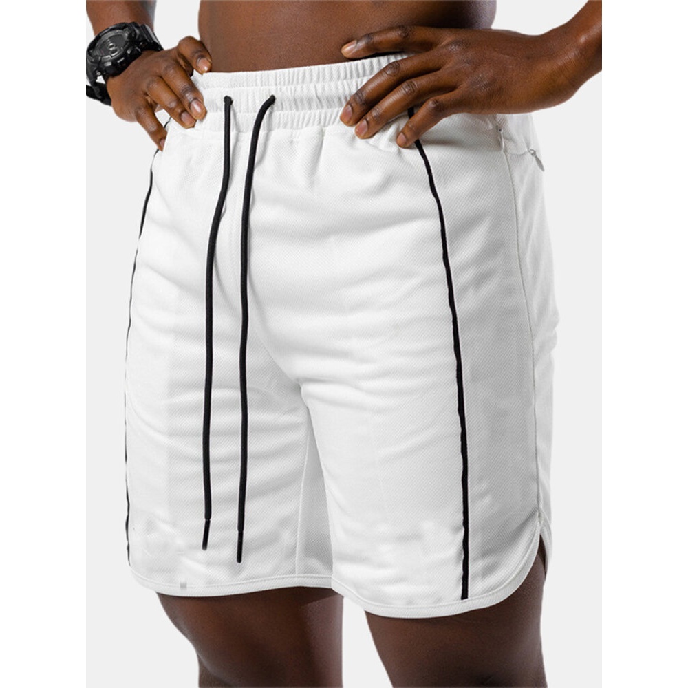 Mens Solid Color Sport Pocket Drawstring Workout Fitness Shorts - Khaki S