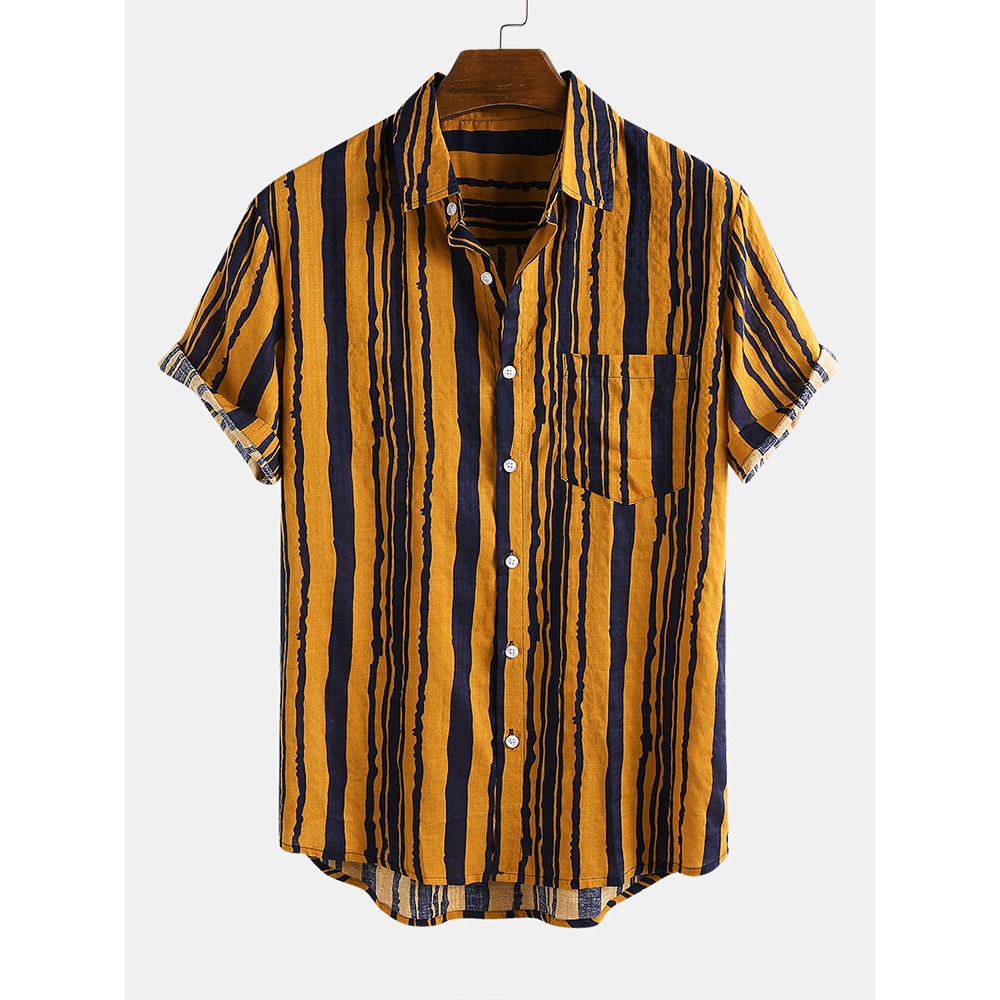 Mens Vintage 100% Cotton Breathable Stripe Style Casual Shirts - XL Yellow