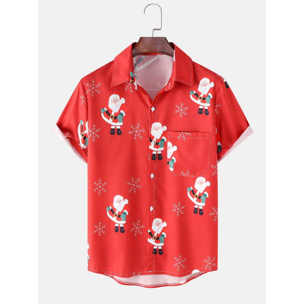 Men  Santa Snow Digital Printed Casual Short Shirts - Red M