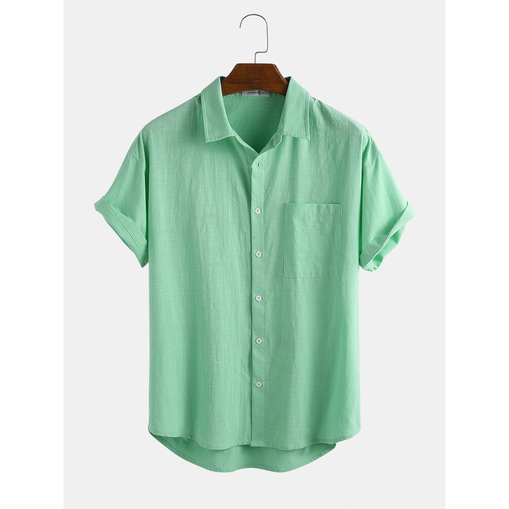 Mens 100% Cotton Solid Color Pocket Lapel Casual Loose Short Sleeve Shirts - White L