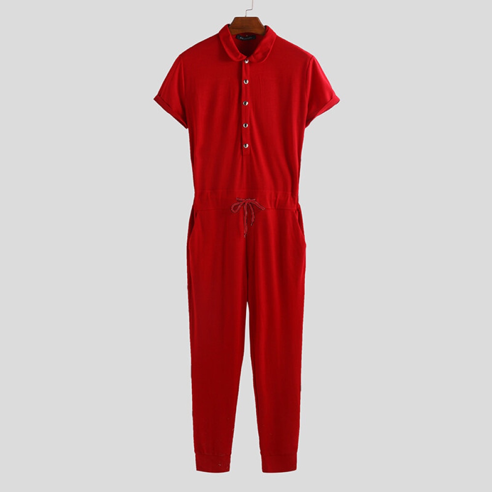 Men Short Sleeve Jumpsuit Lapel Neck Romper Bodybuilding Overalls Pants Playsuit - 2XL Black