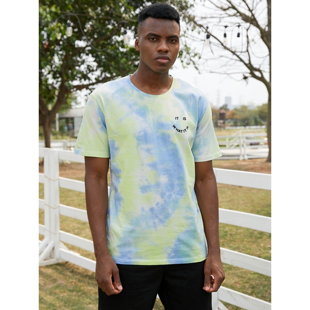 Mens Smile Letter Print Tie Dye Crew Neck Street T-Shirts - Green M