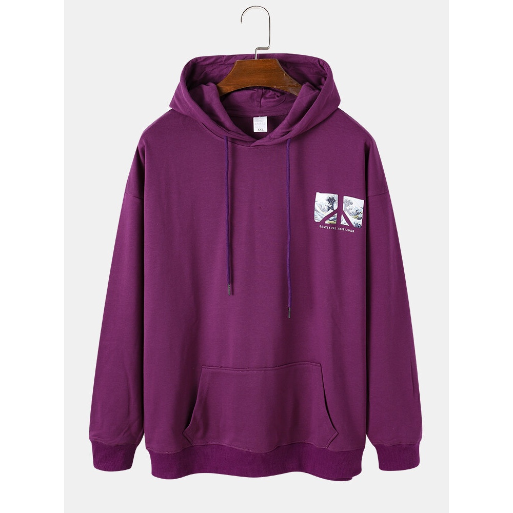 Mens Slogan & Wave Back Print Ukiyo Hoodies With Kangaroo Pocket - White 2XL