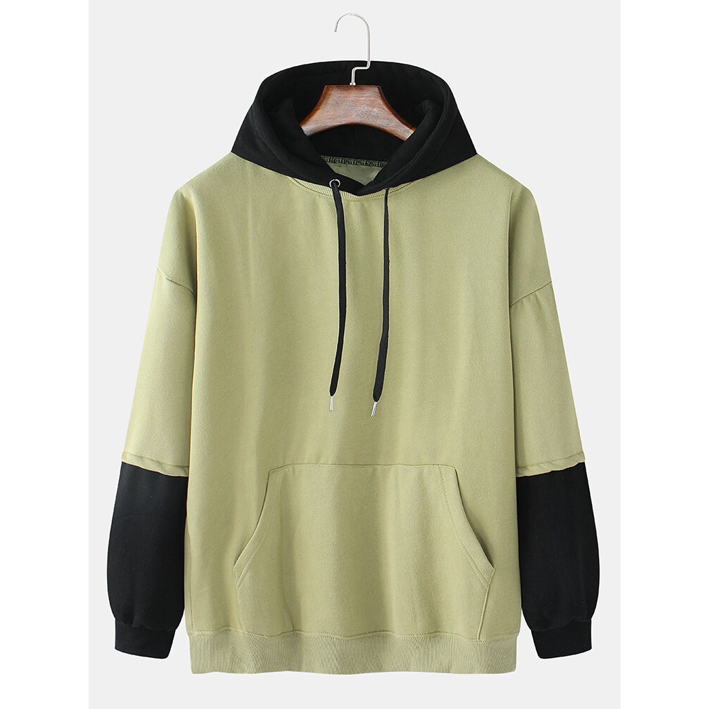 Mens Solid Color Patchwork Kangaroo Pocket Drawstring Hoodies - Black 2XL