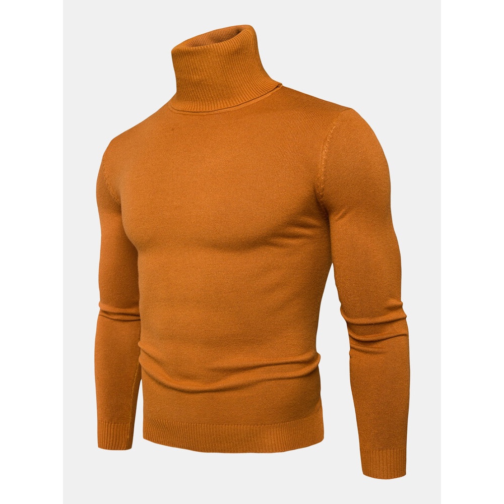 Mens Solid Color High Neck Cotton Knit Casual Long Sleeve Sweaters - L Beige
