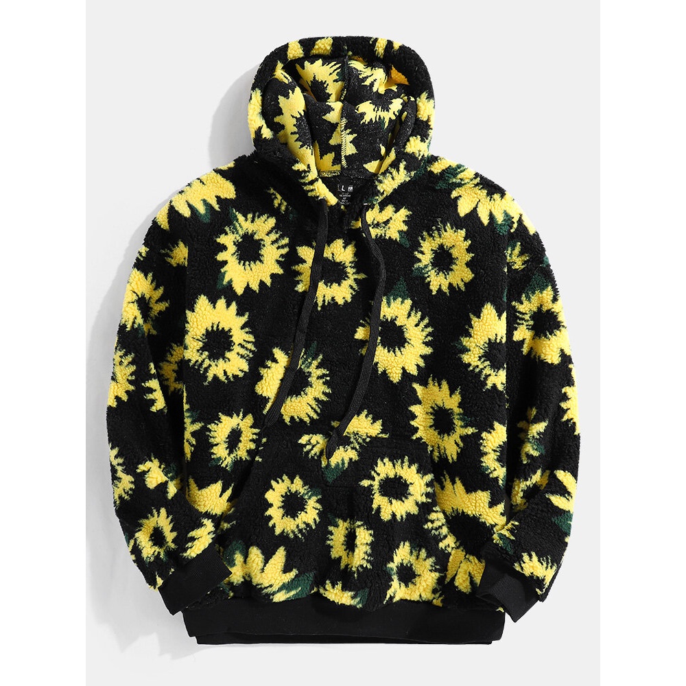 Mens Sherpa Fleece Daisy Pattern Cotton Kangaroo Pocket Casual Drawstring Teddy Hoodies - Black S