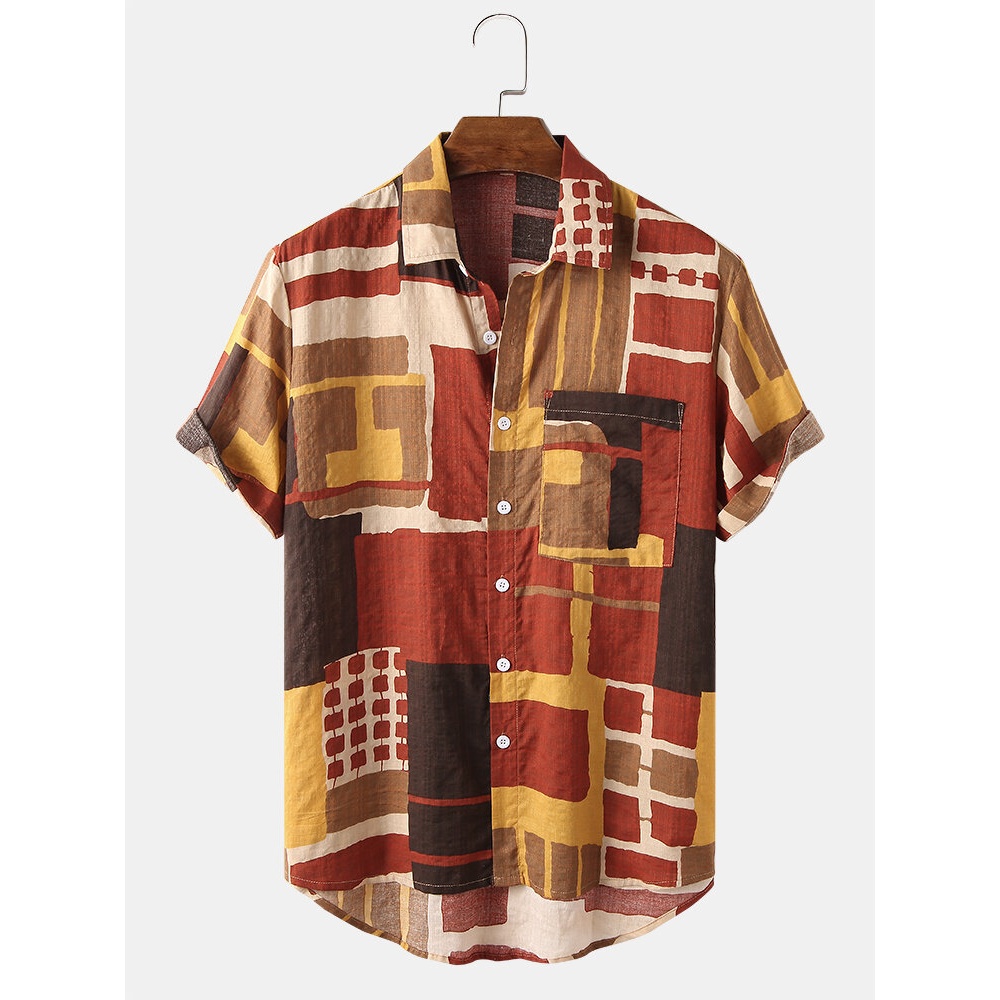 Mens 100% Cotton Color Block Contrast Lapel Short Sleeve Shirt - Green XL