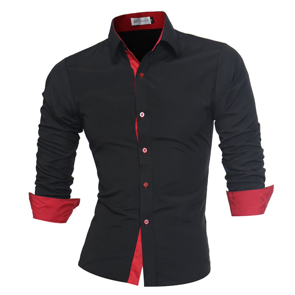 Mens Fashion Contrast Color Placket Casual Designer Shirts - S Black Red