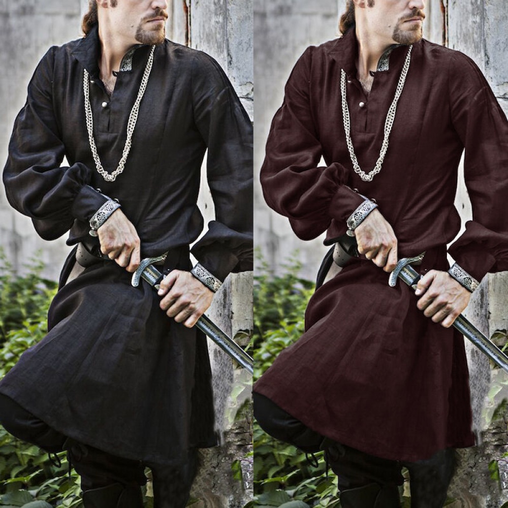 Mens Medieval Renaissance Long Sleeve Party Tunic Norseman Saxon Cosplay Costume - XL Black