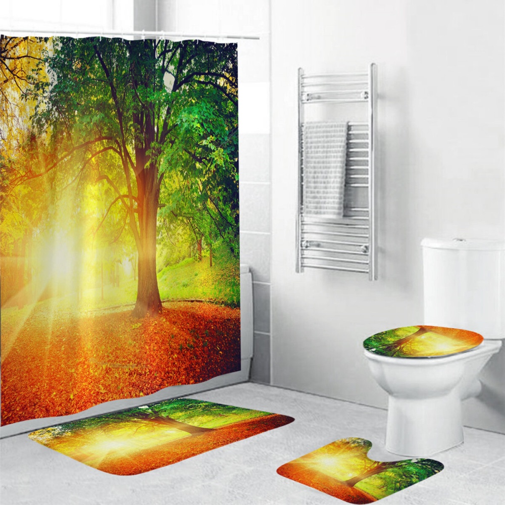 4 Pcs/Set Shower Curtain Waterproof Bathroom Bath Mat Rug Toilet Lid Cover Home - E - Image 2