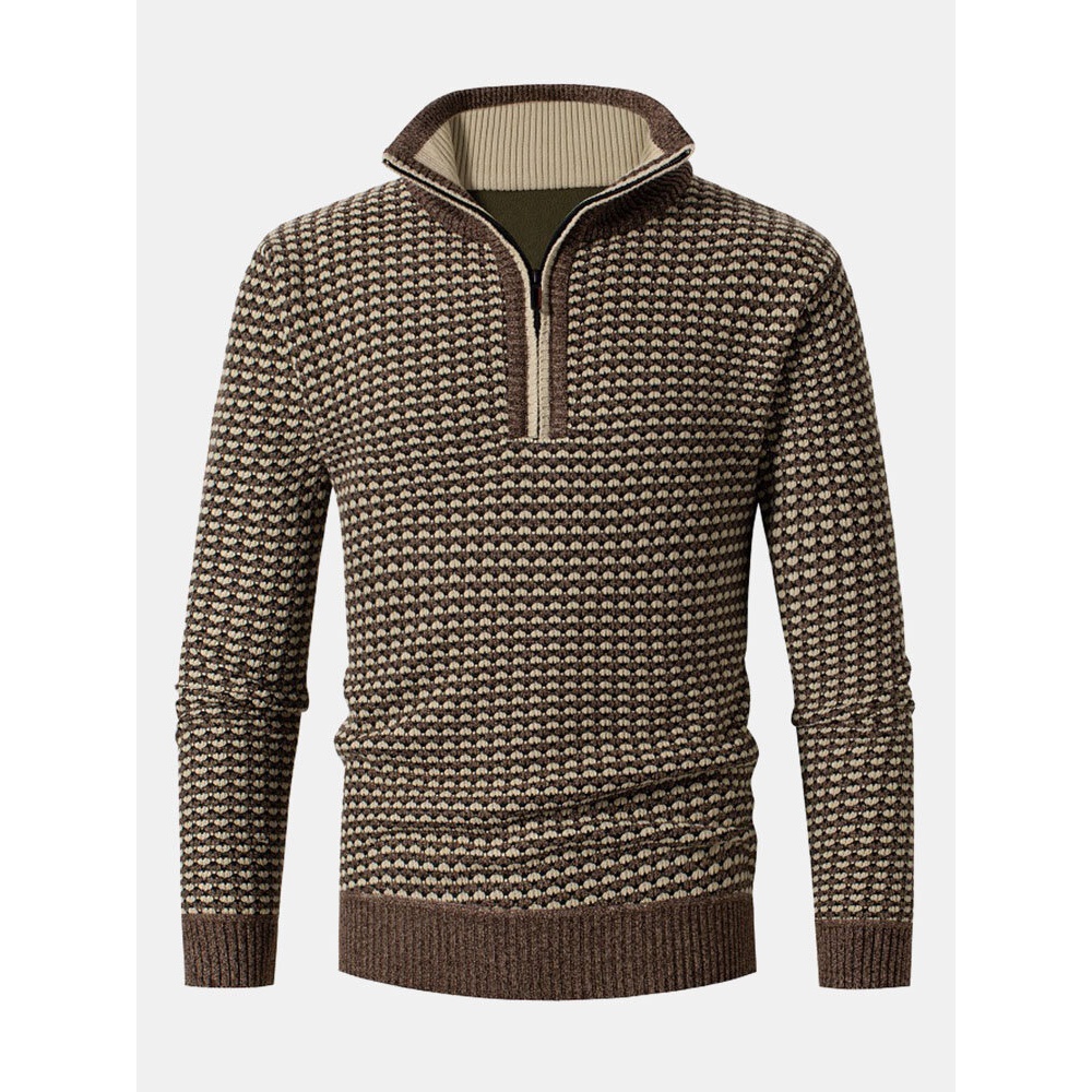 Men Vintage Knitted Stand Collar Contrast Color Plus Velvets Half Zipper Sweater Sweaters - Khaki XL