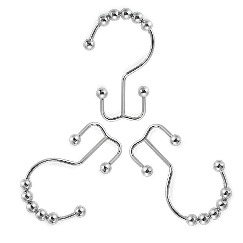 KC-CH625 12 Pcs Double Glide Curtain Hooks Stainless Steel Rustproof Shower Rings Roller - Chrome - Image 2