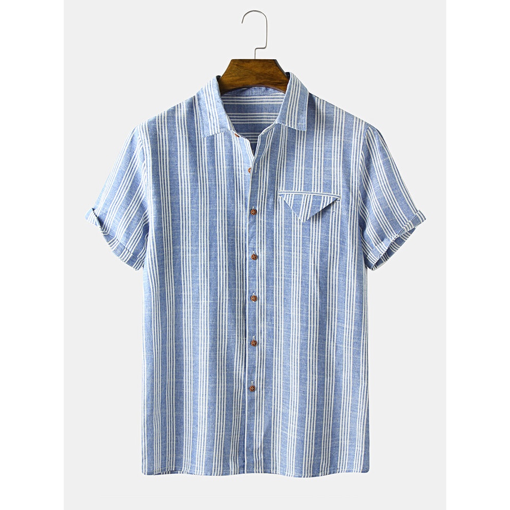 Mens Casual Cotton Striped Plaid Pocket Short Sleeve Shirts - Khaki S