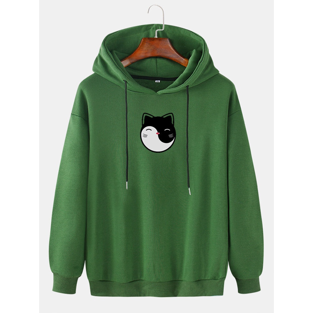 Mens Cartoon Cat Print Drop Shoulder Cotton Casual Drawstring Hoodies - Yellow XS