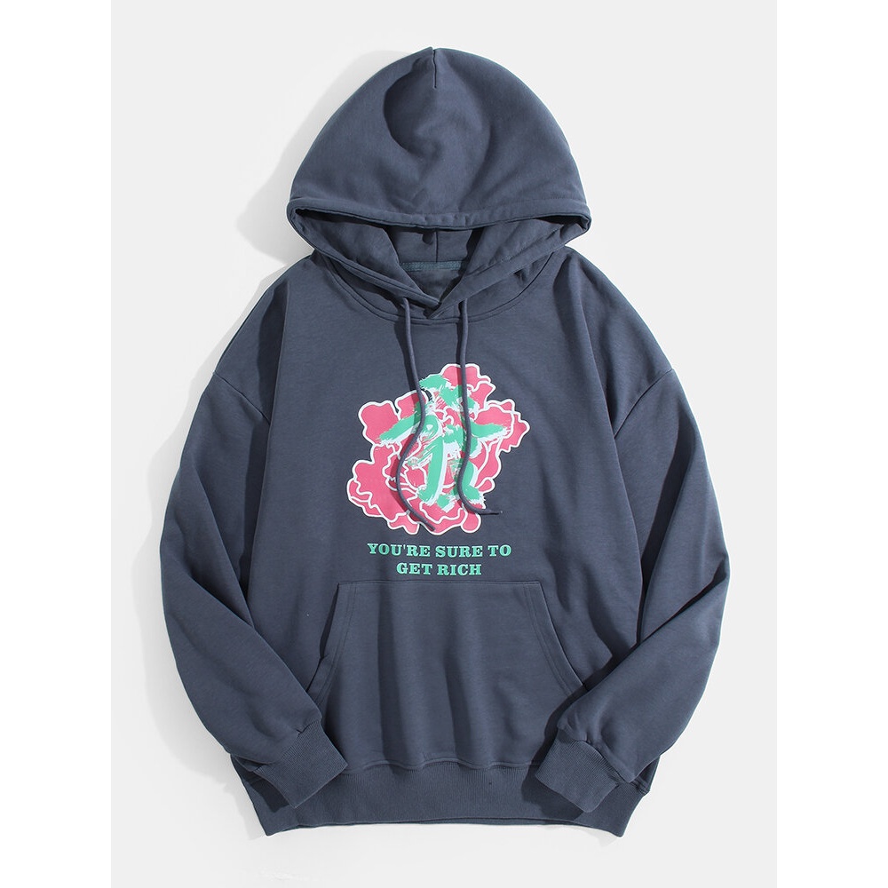 Mens Chinese Character Get Rich Graphic Print Cotton Pullover Hoodie - Black M