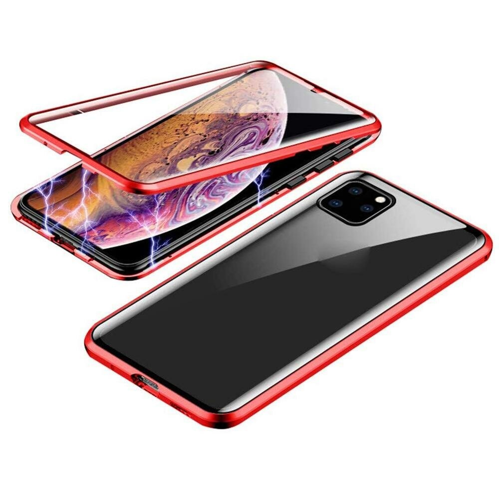 for iPhone 12 Pro Max 6.7 inch Magnetic Adsorption Metal Singel-side Tempered Glass Protective Case - Red - Image 2