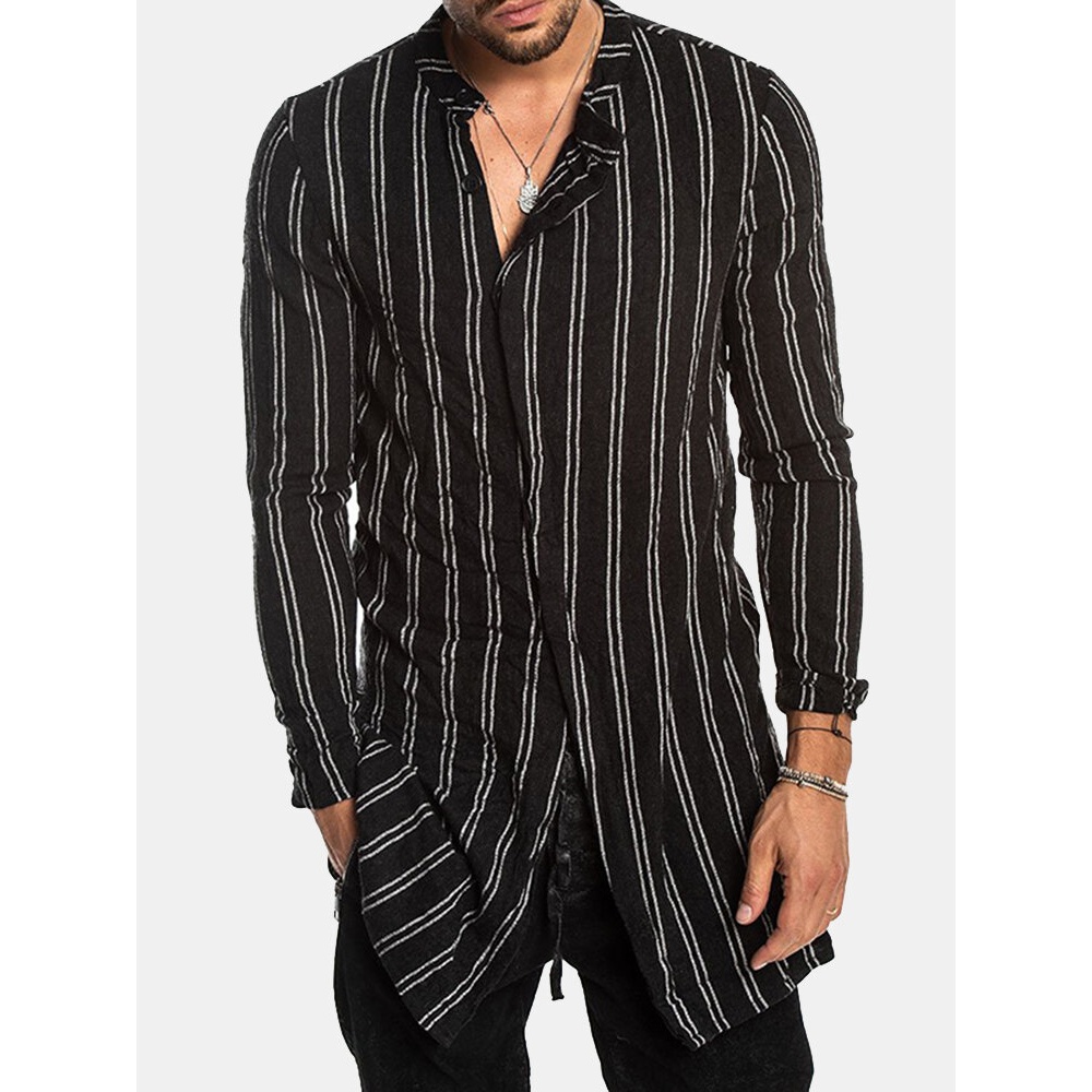Men Casual Striped Turn Down Collar Shirts - M Black