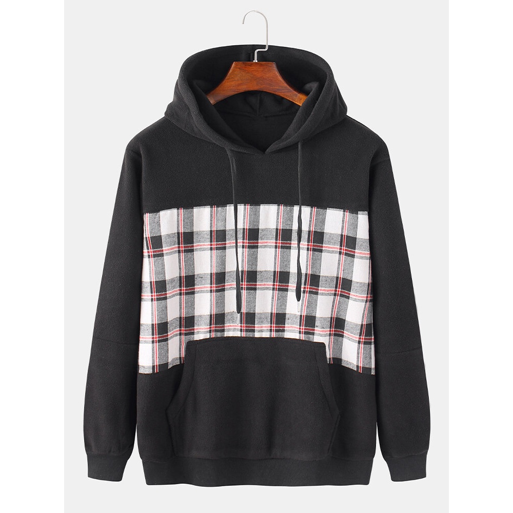 Mens Cotton Plaid Patchwork Black Kangaroo Pocket Design Long Sleeve Hoodies - Black M