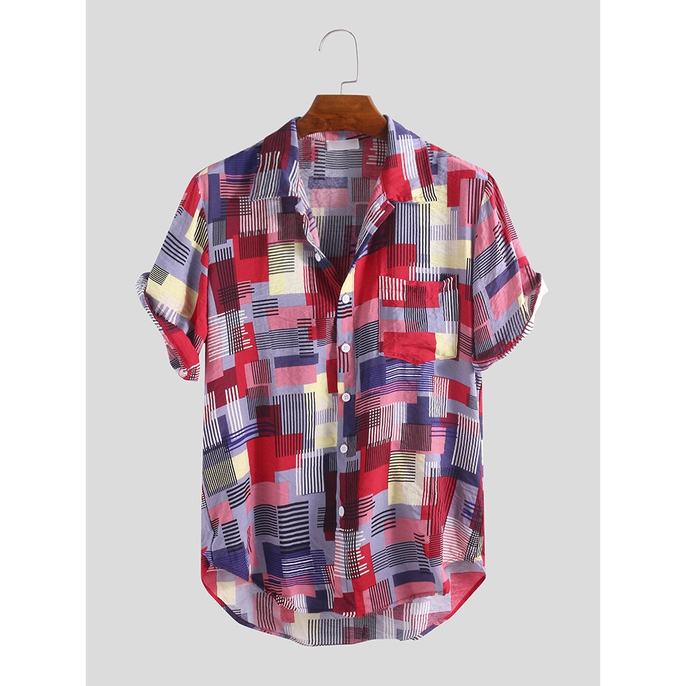 Mens Summer Colorful Plain Printed Pocket Casual Shirts - 2XL Rose
