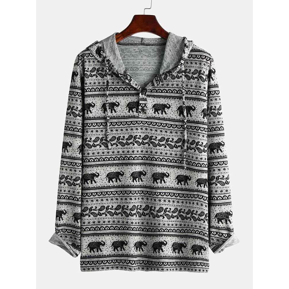 Mens Ethnic Style Elephant Printing Casual Long Sleeve Hooded Sweatshirt - L Gray