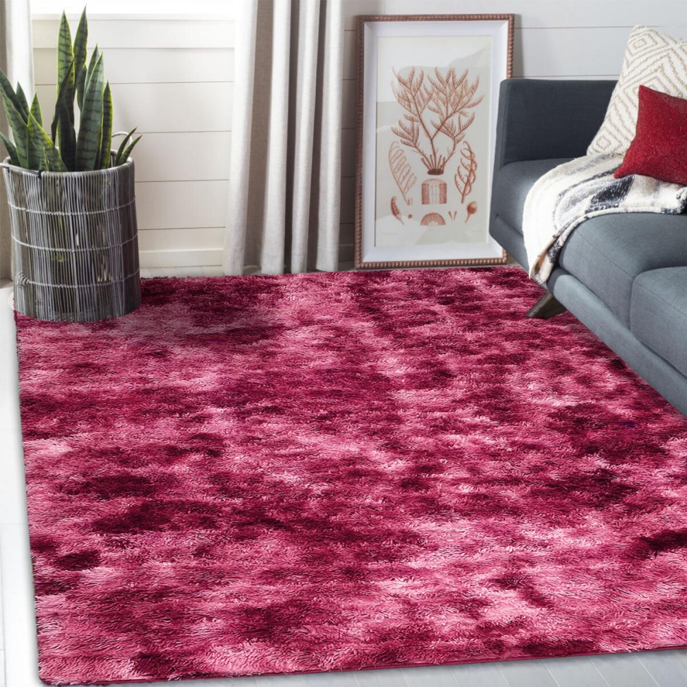 PV Velvet Wine Red Variegated Tie-dye Carpet Long Hair Gradient Floor Mat Eco-friendly Washable Anti-skid Bedside Carpet - 80*200cm - Image 2