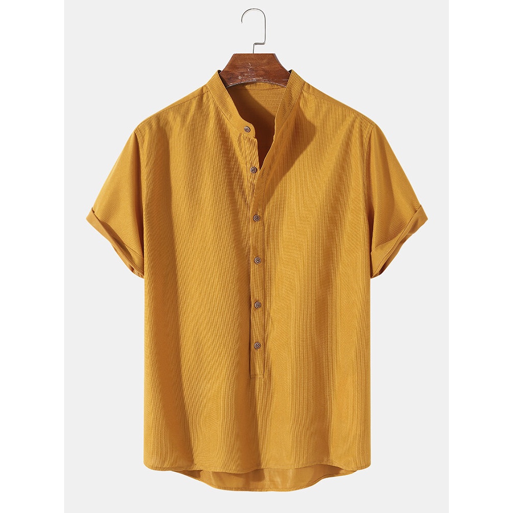 Mens Solid Color Brief Style Round Neck Short Sleeve Henley Shirt - Green M