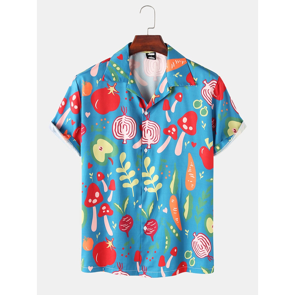 Mens Cartoon Fruit Vegetable Print Mushroom Revere Collar Short Sleeve Shirts - Blue M