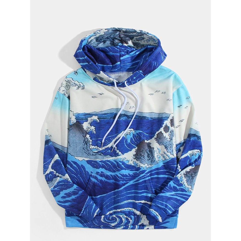 Mens Wave Landscape Print Kangaroo Pocket Ukiyoe Hoodies - Blue M