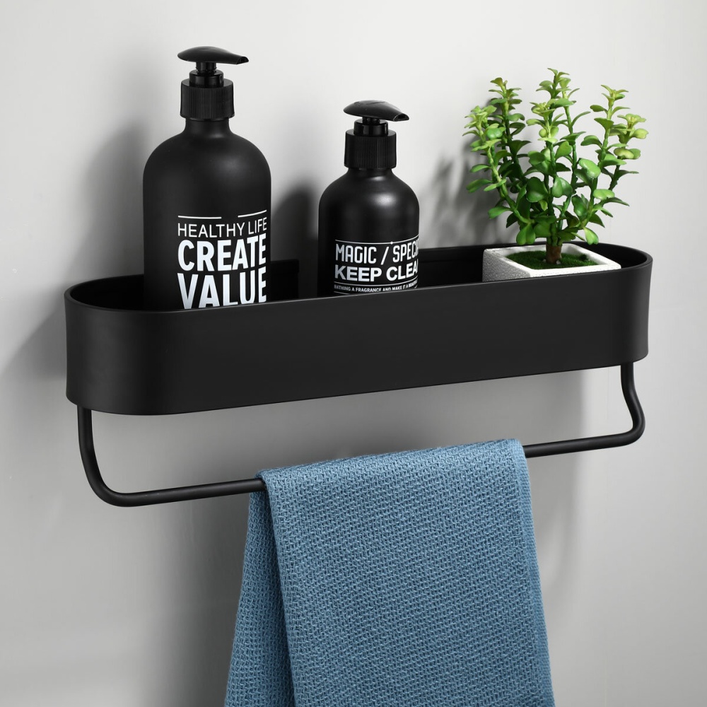 Black Bathroom Shelf 30-50cm Kitchen Wall Shelves Basket Storage Rack Towel Bar - #1 - Image 2