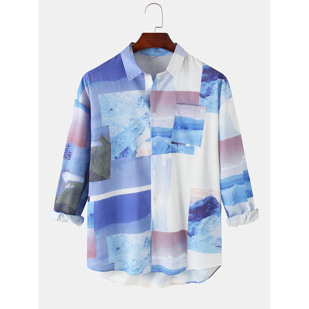 Mens Allover Scenery Graphic Print Cotton Long Sleeve Shirts With Pocket - Purple 3XL
