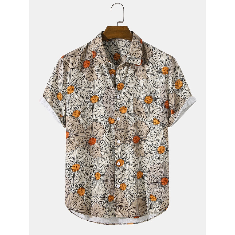 Mens Allover Floral Print Chest Pocket Holiday Short Sleeve Shirts - Beige L