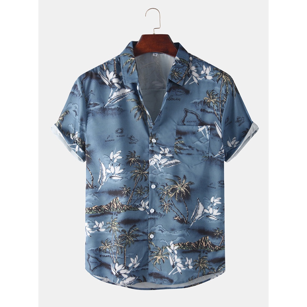 Mens Realistic Coconut Printed Fold Down Collar Hawaii Holiday Short Sleeve Shirts - Blue S