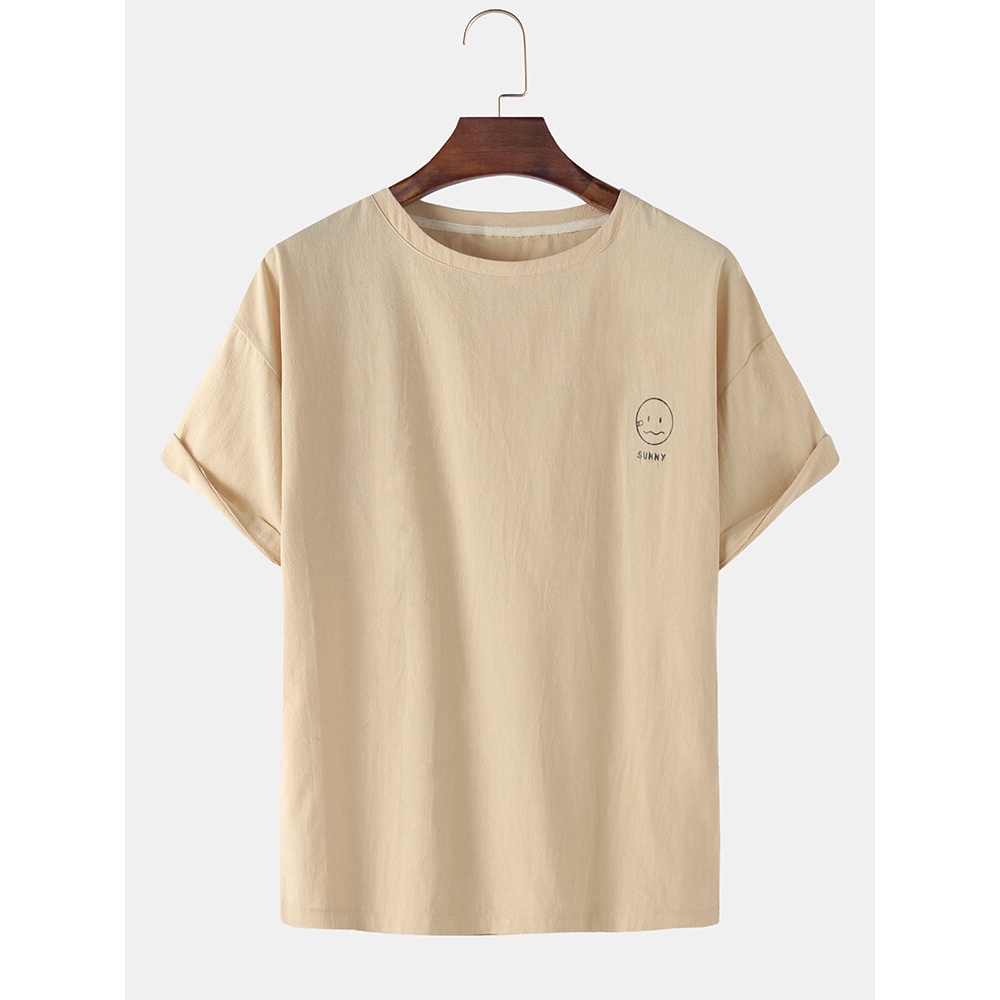 Cute Face Print Casual Round Neck Short Sleeve T-Shirts - White 3XL