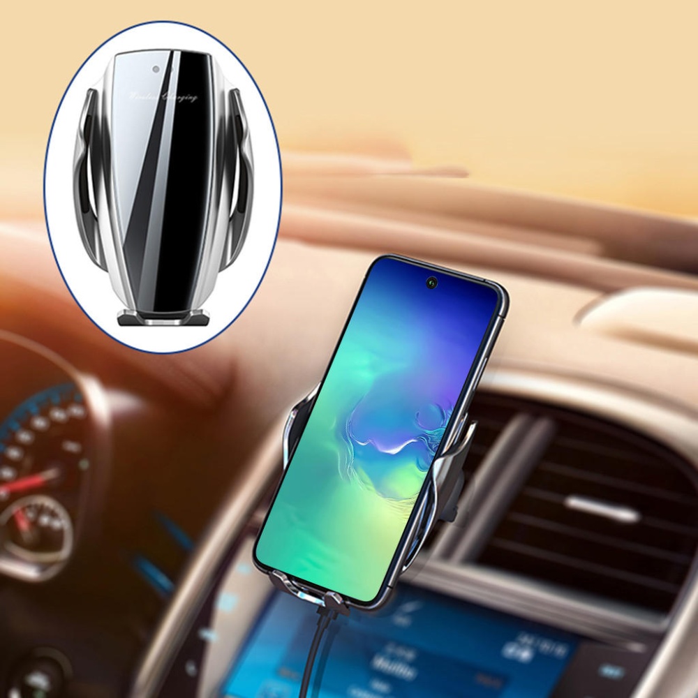 Tempered Glass 10W Qi Wireless Charger Smart Sensor Air Vent Car Phone Holder For 4.0-6.5 Inch Smart Phone - Silver - Image 2