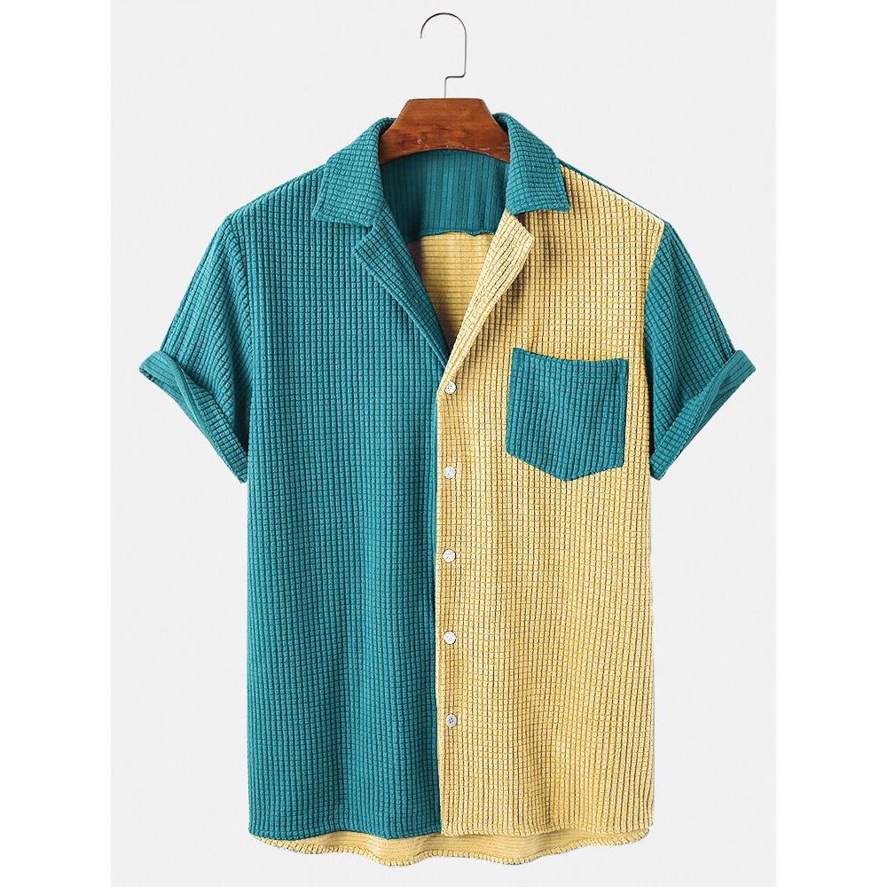 Mens Corduroy Loose Button Down Patchwork Pocket Breathable Casual Shirts - Red S