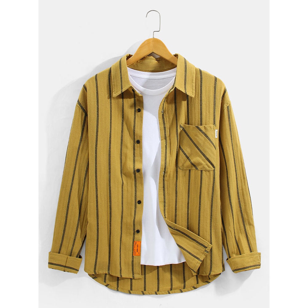 Mens Striped Lapel Long Sleeve Design Shirts With Chest Pocket - Yellow S