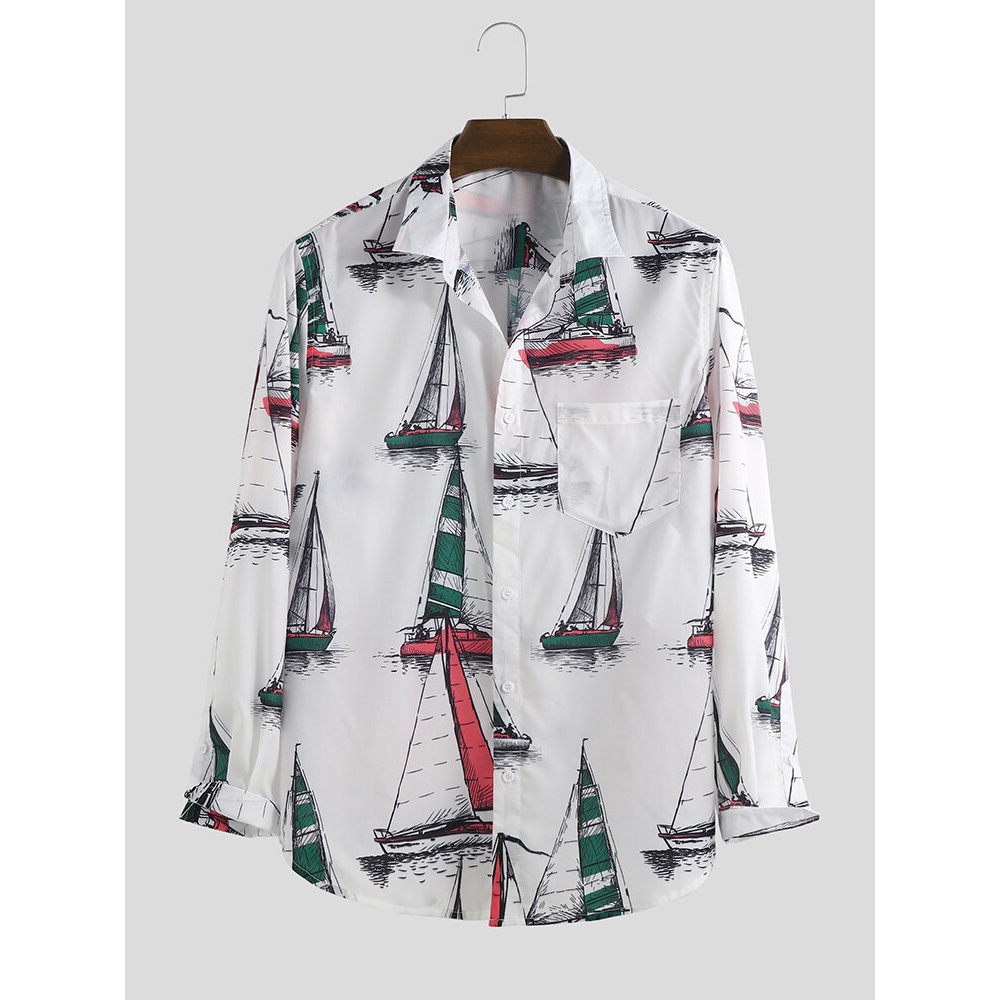 Colorful Sailboats Print Long Sleeve Relaxed Shirts - Blue L