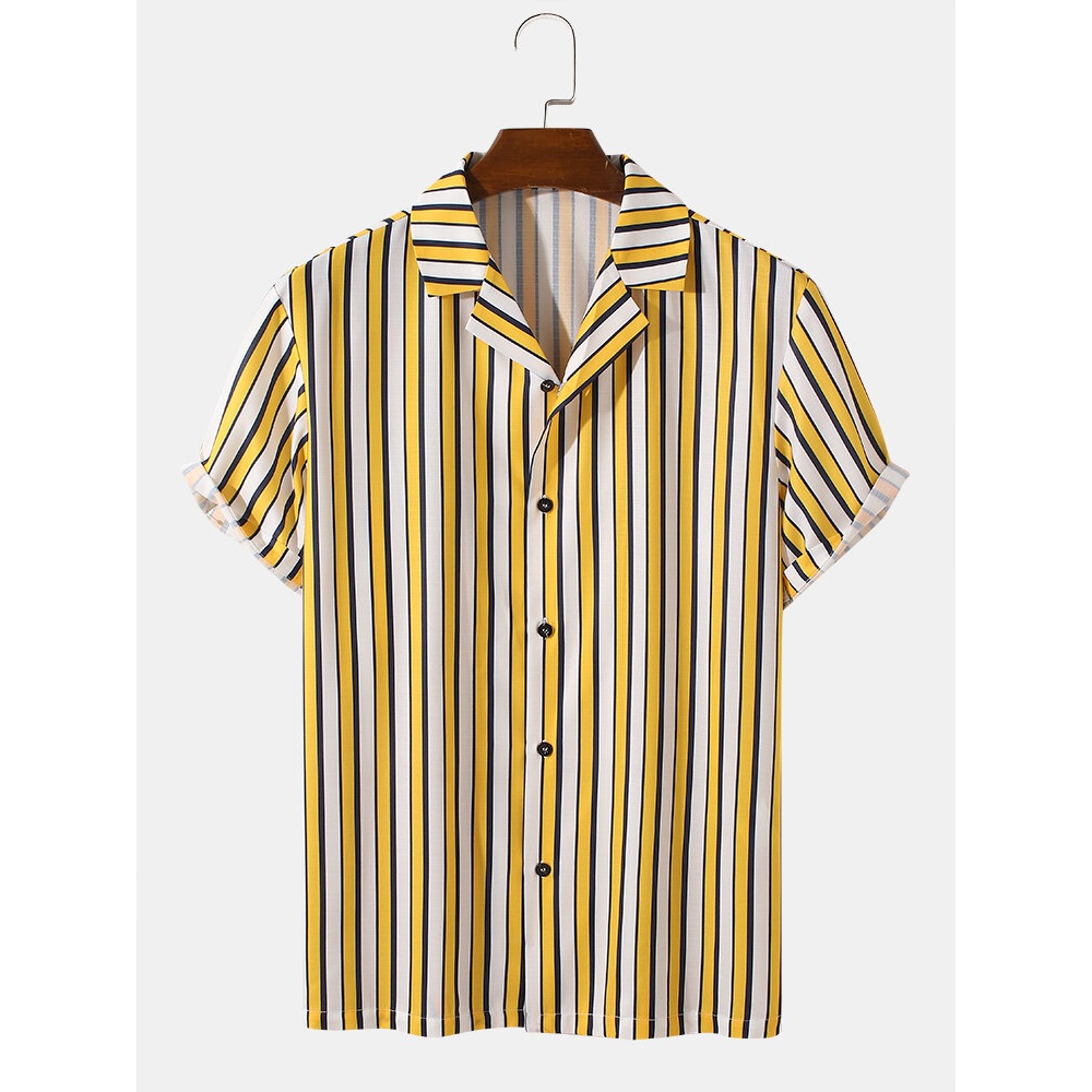 Mens Striped Print Revere Collar Short Sleeve Casual Shirt - Yellow S