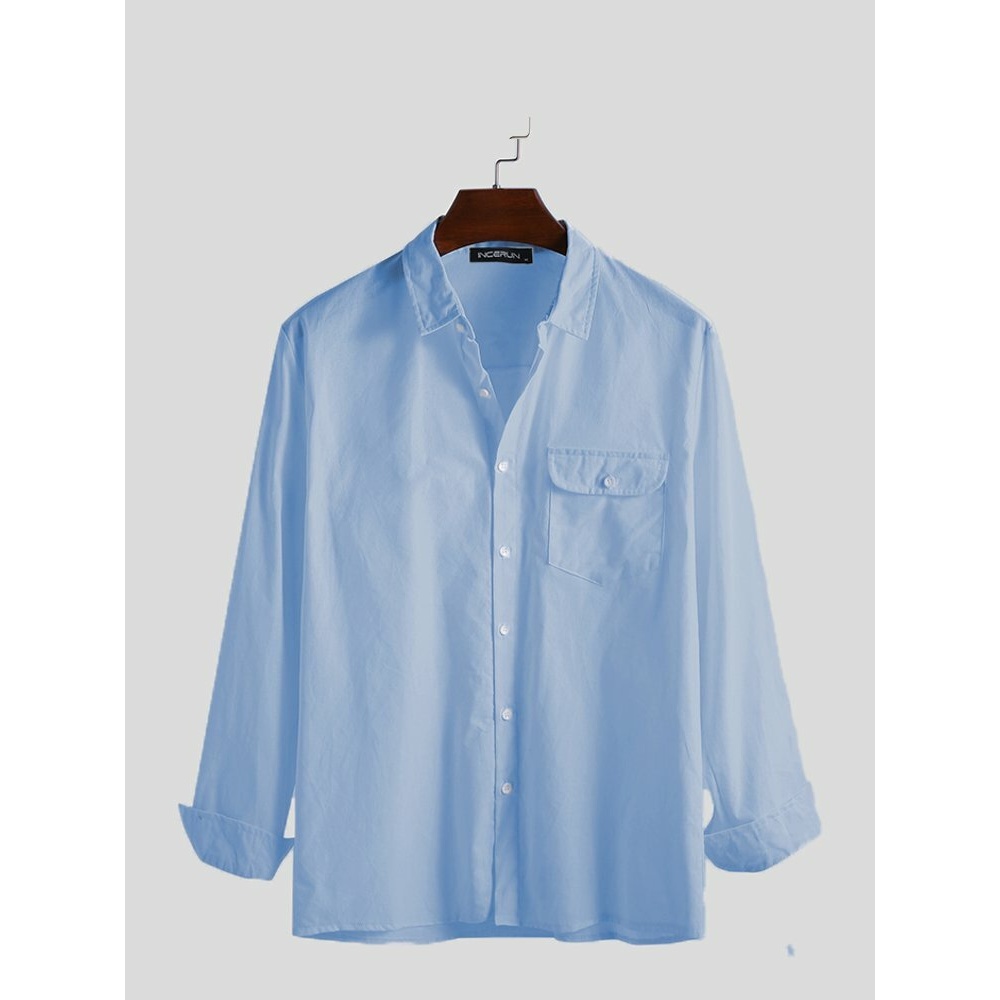 Men's Autumn Thin Button Shirts Long Sleeve Lightweight Casual Leisure Tops Tees - 3XL Blue