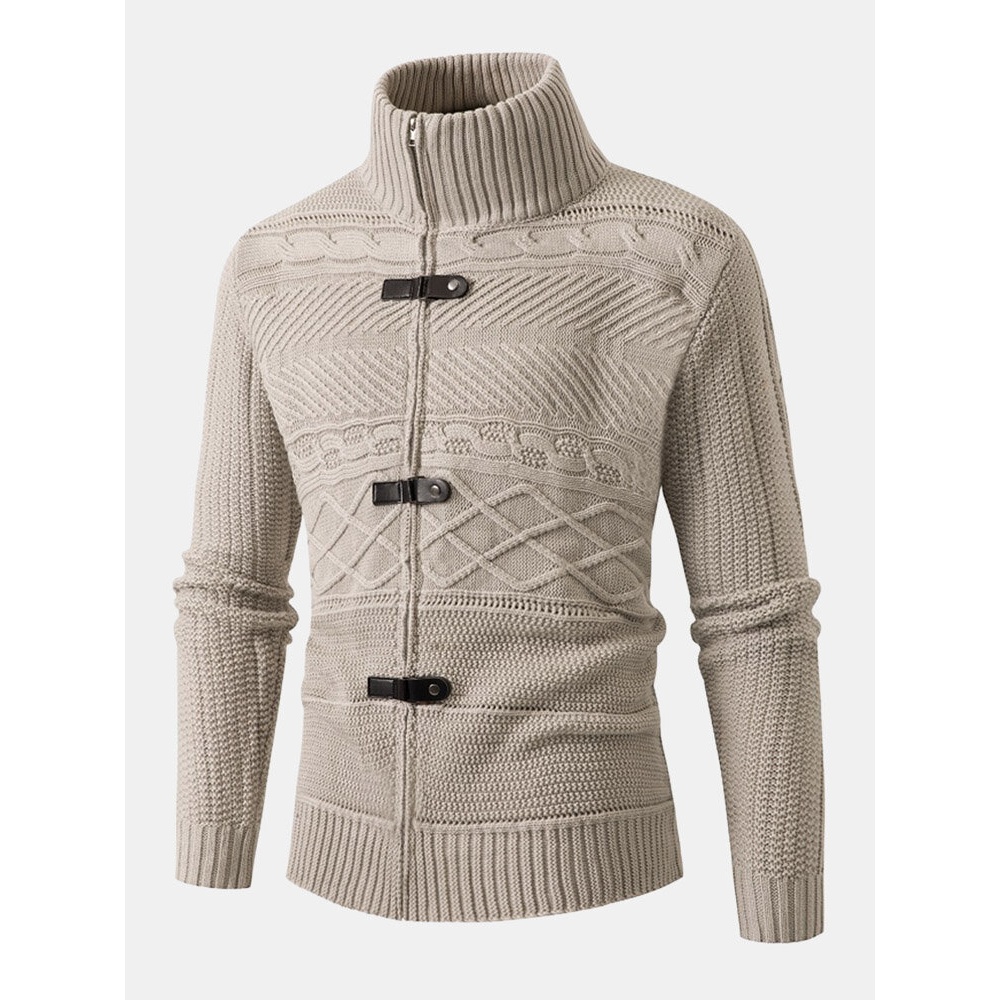 Men Cable Knitted Textured Buckle High Neck Solid Front Zipper Outdoor Sweaters - Khaki M
