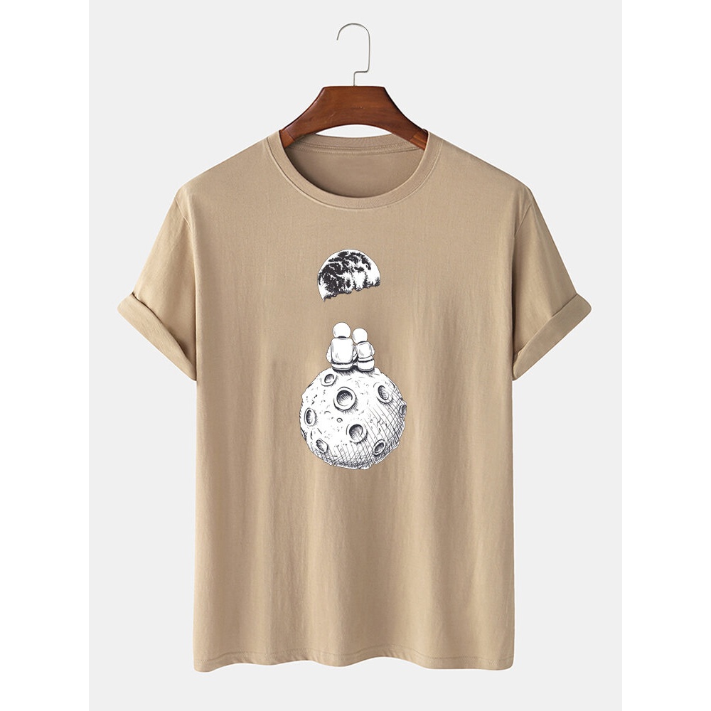 Men 100% Cotton Funny Cartoon Space Planet Astronaut Print Casual T-Shirts - Black L